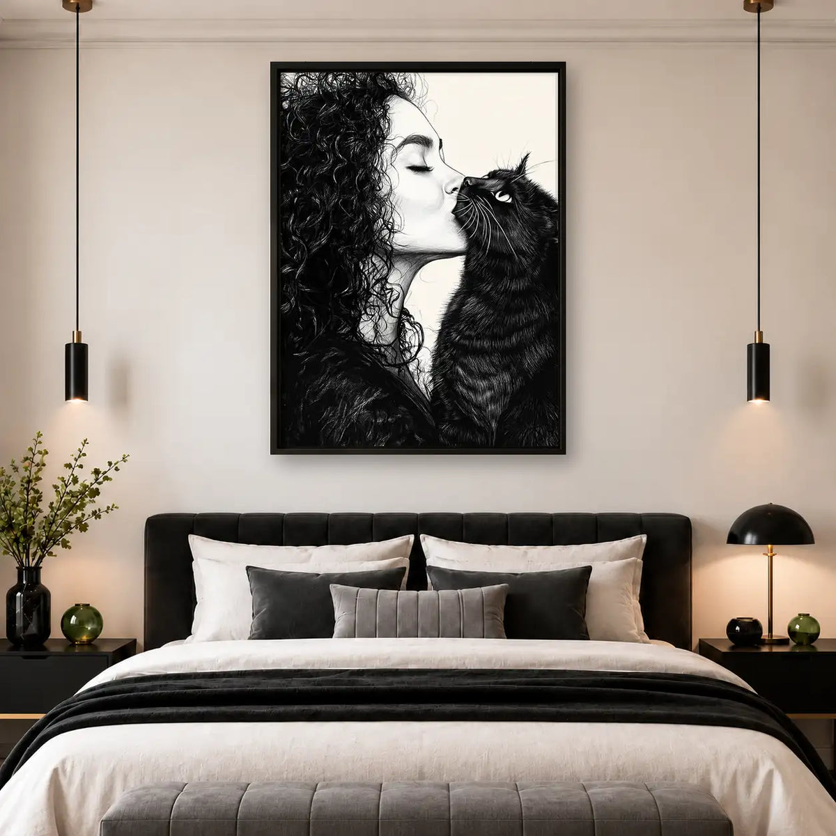 Woman Kissing Fluffy Black Cat Wall Art 4