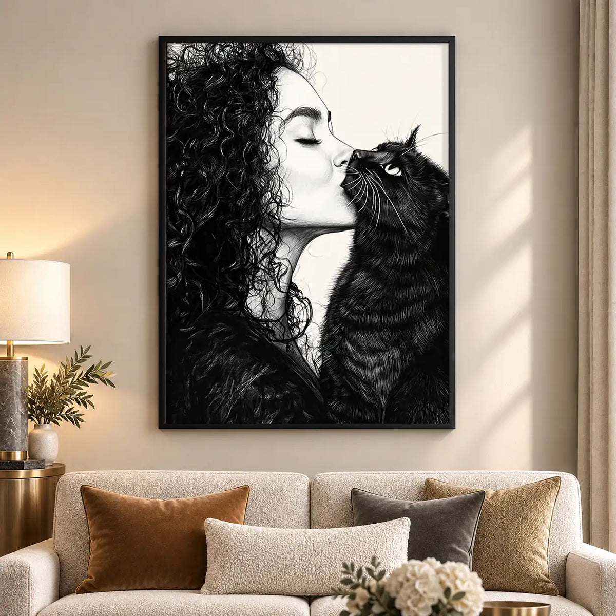 Woman Kissing Fluffy Black Cat Wall Art 5