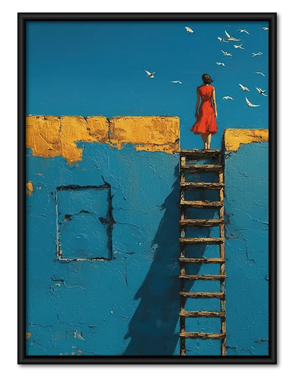 Woman on Ladder Above Blue Sea Wall Art 1