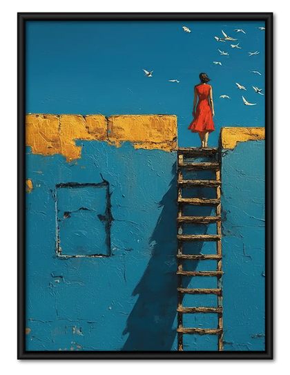 Woman on Ladder Above Blue Sea Wall Art