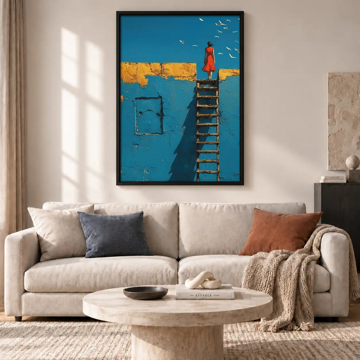 Woman on Ladder Above Blue Sea Wall Art 2