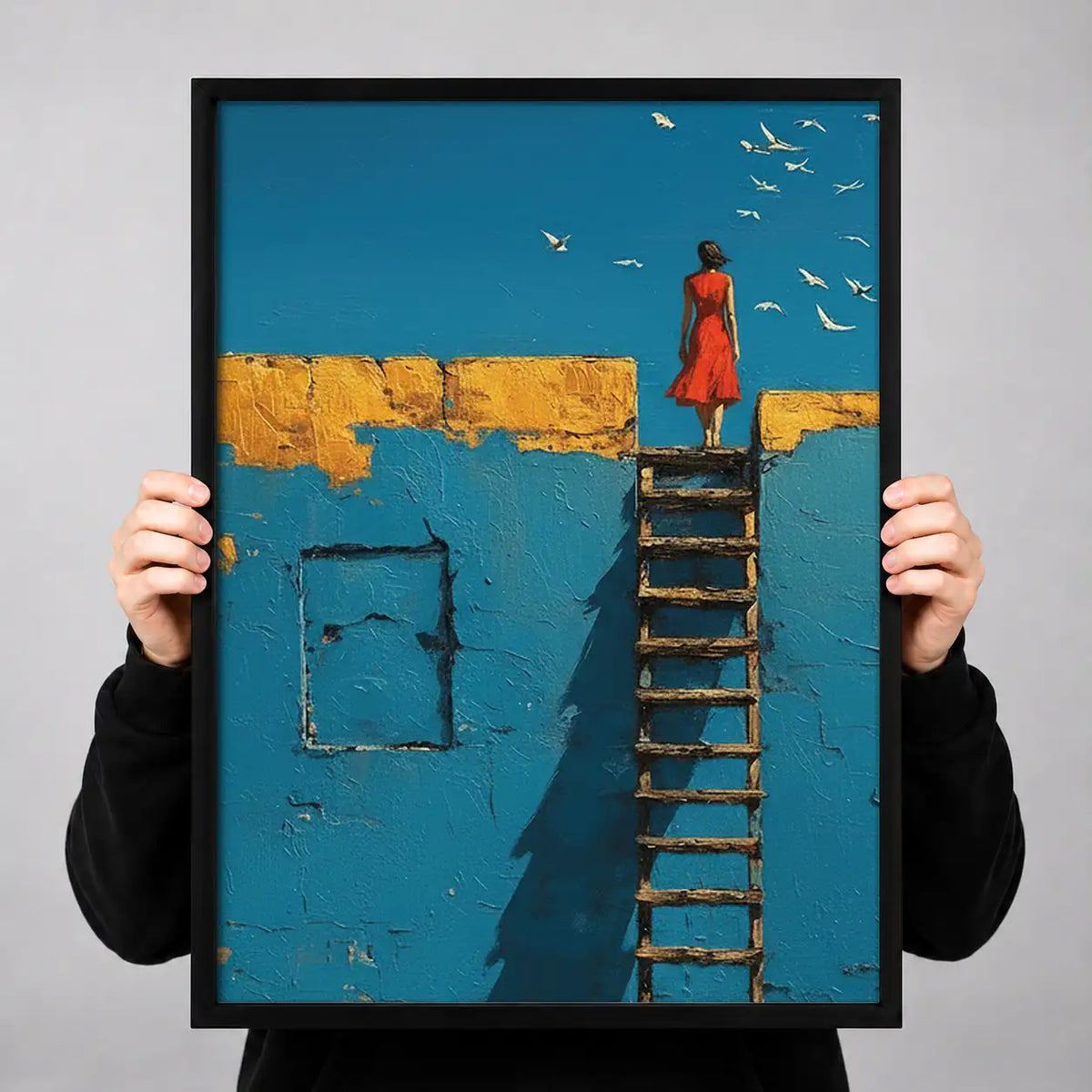 Woman on Ladder Above Blue Sea Wall Art 3