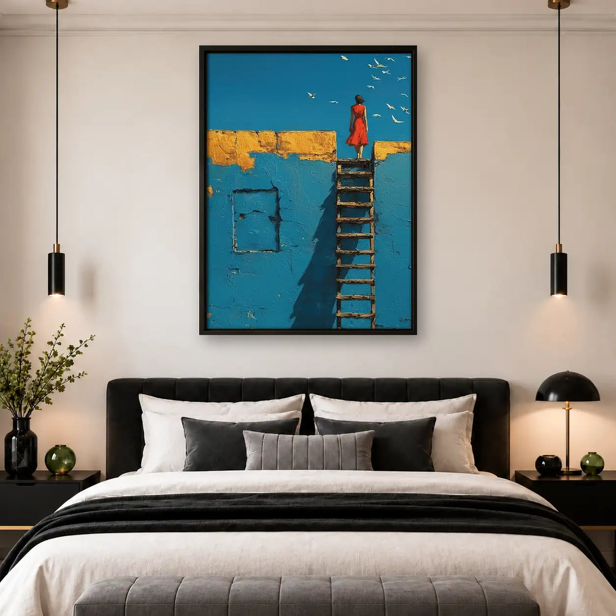 Woman on Ladder Above Blue Sea Wall Art 4