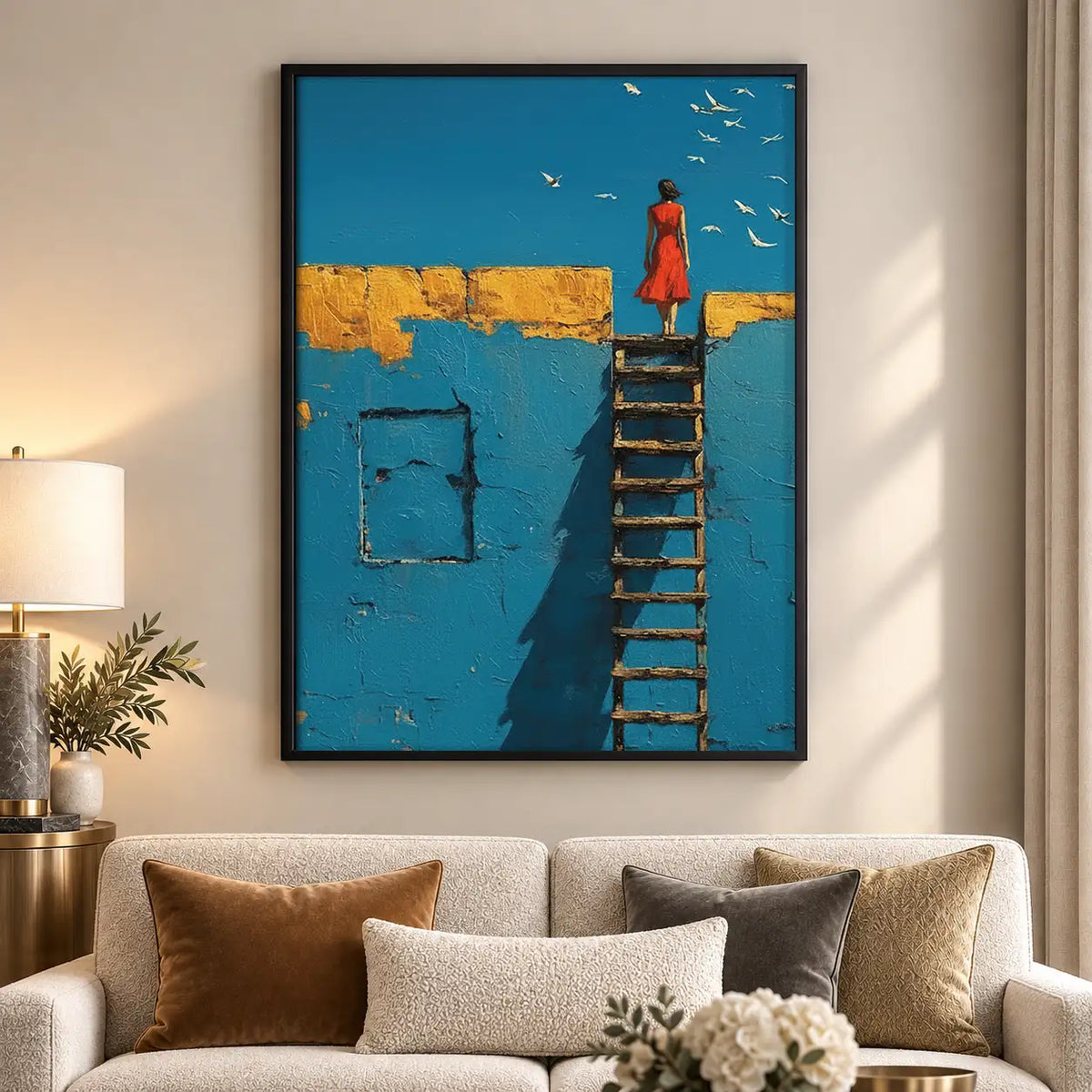 Woman on Ladder Above Blue Sea Wall Art 5