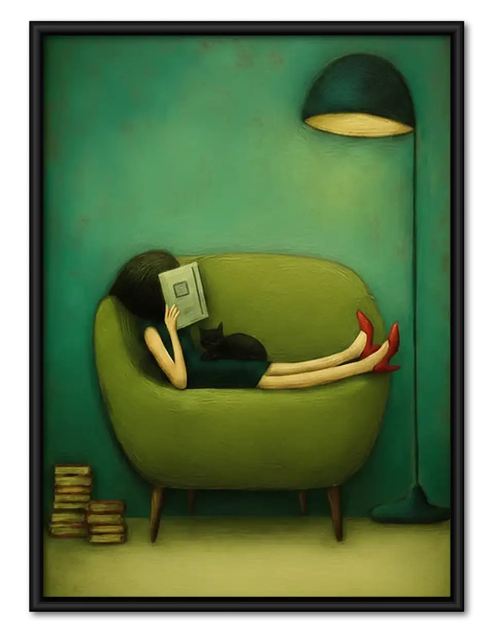 Woman Reading on Green Sofa Wall Art 1