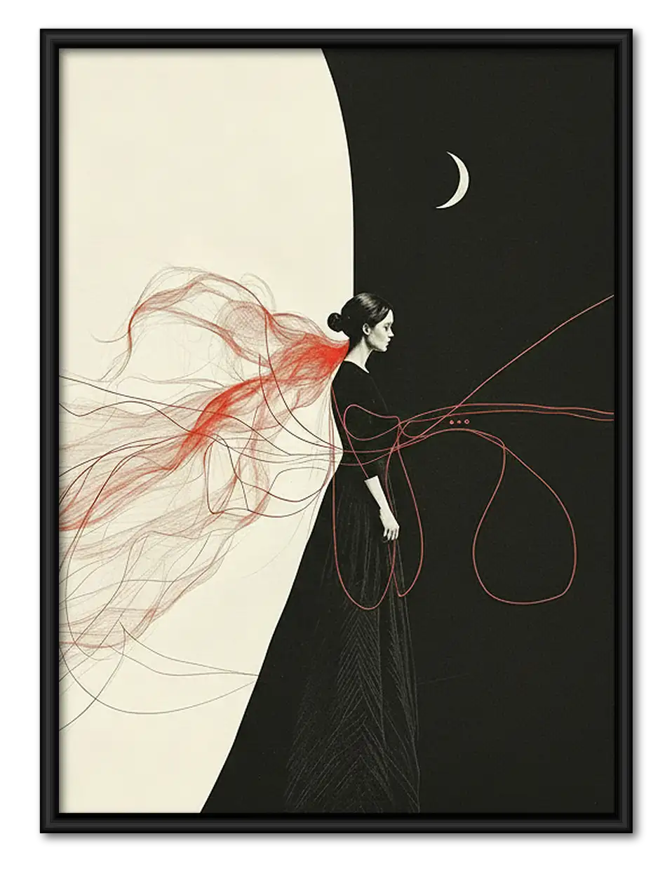 Woman Riding Bicycle Under Crescent Moon Wall Art 1