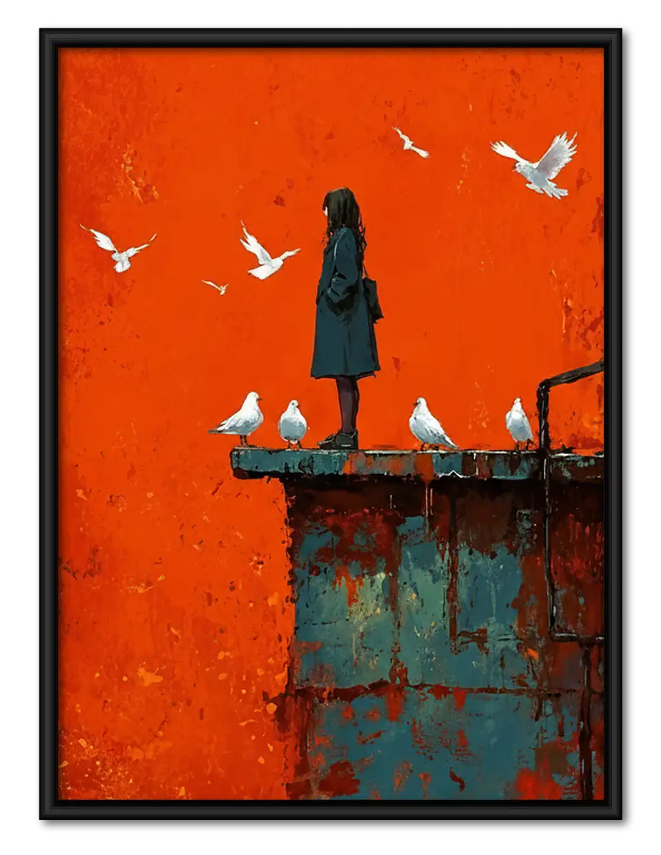 Woman Standing among White Birds Wall Art 1