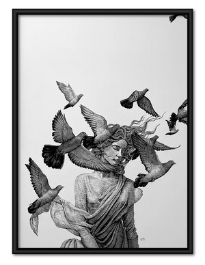 Woman Surrounded by Flying Birds Wall Art