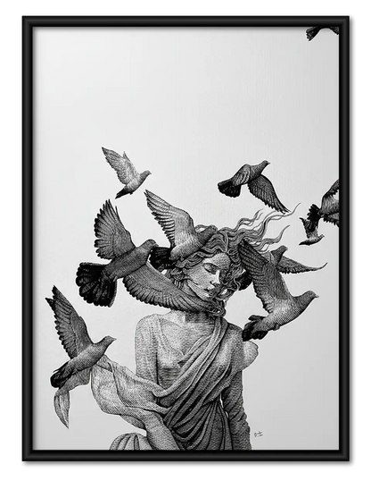 Woman Surrounded by Flying Birds Wall Art 1