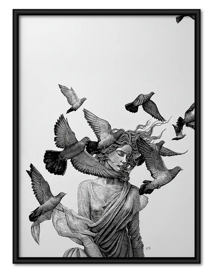 Woman Surrounded by Flying Birds Wall Art