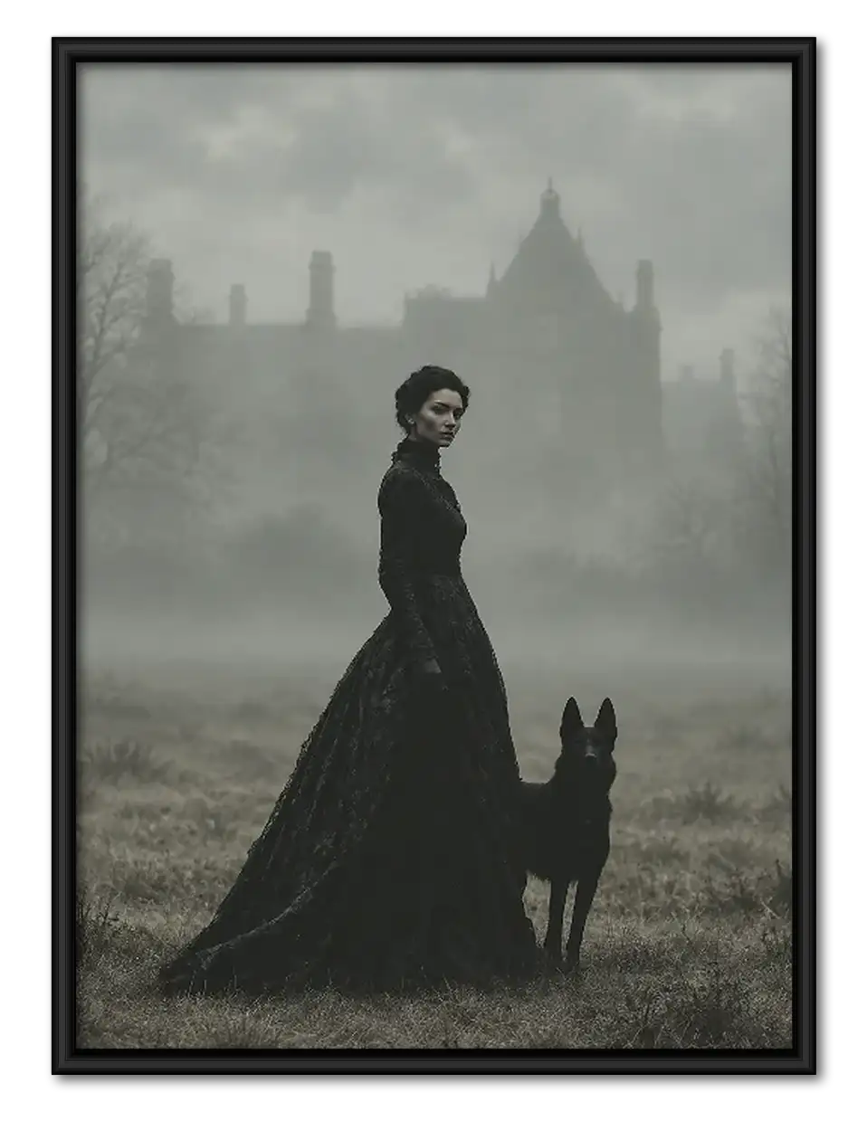 Woman Walking Black Dog in Fog Wall Art 1