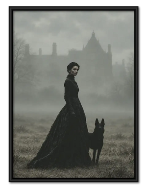 Woman Walking Black Dog in Fog Wall Art