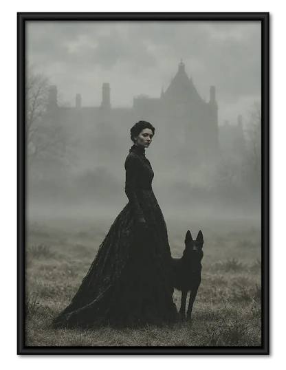 Woman Walking Black Dog in Fog Wall Art 1