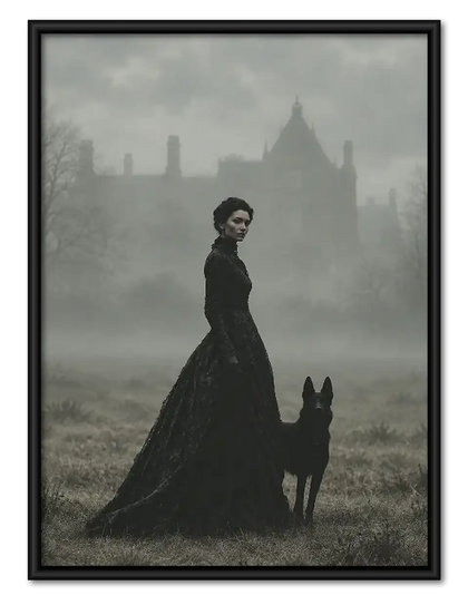 Woman Walking Black Dog in Fog Wall Art