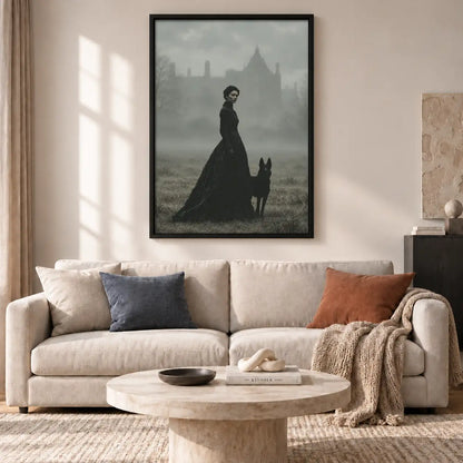 Woman Walking Black Dog in Fog Wall Art 2