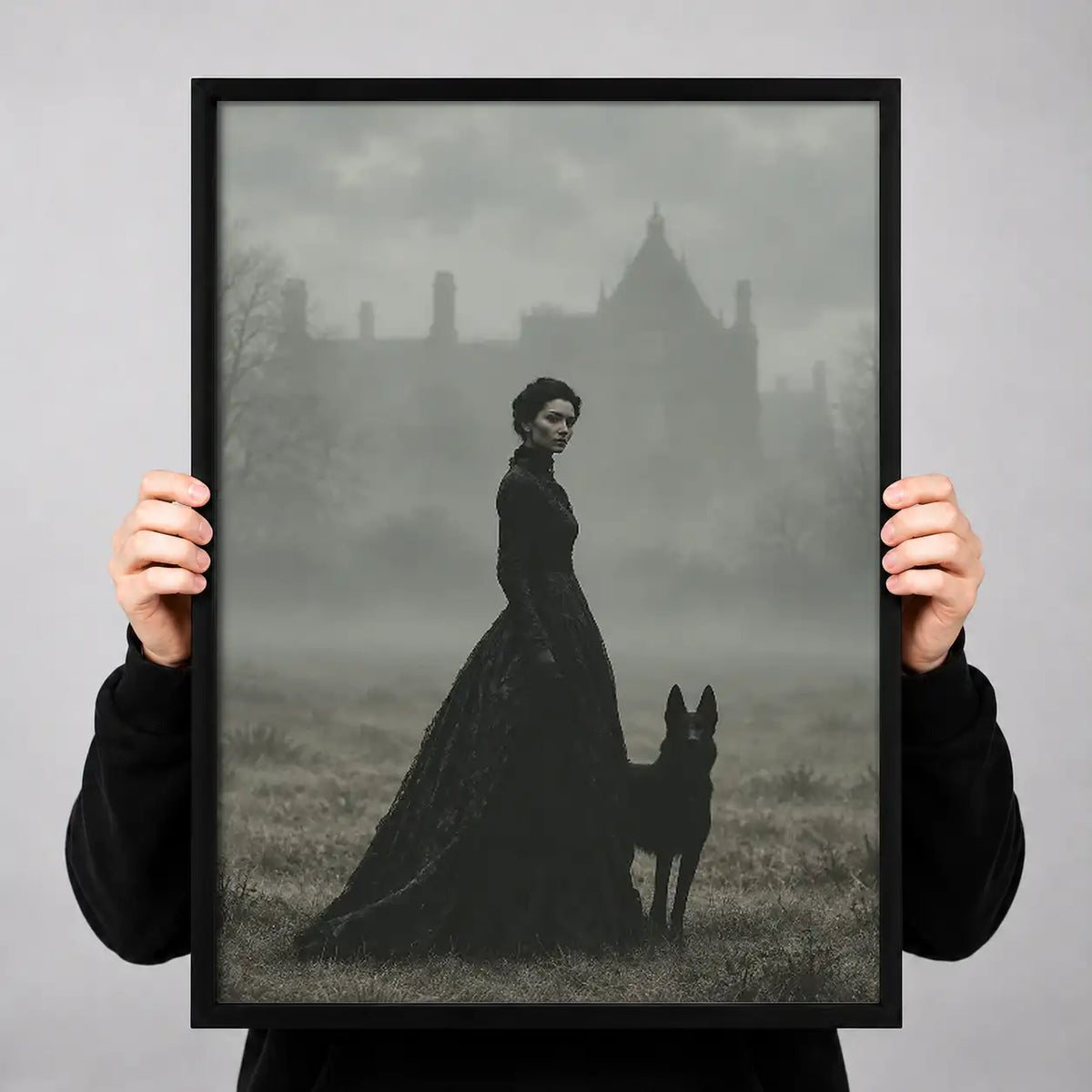 Woman Walking Black Dog in Fog Wall Art 3