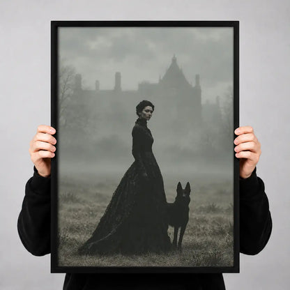 Woman Walking Black Dog in Fog Wall Art 3