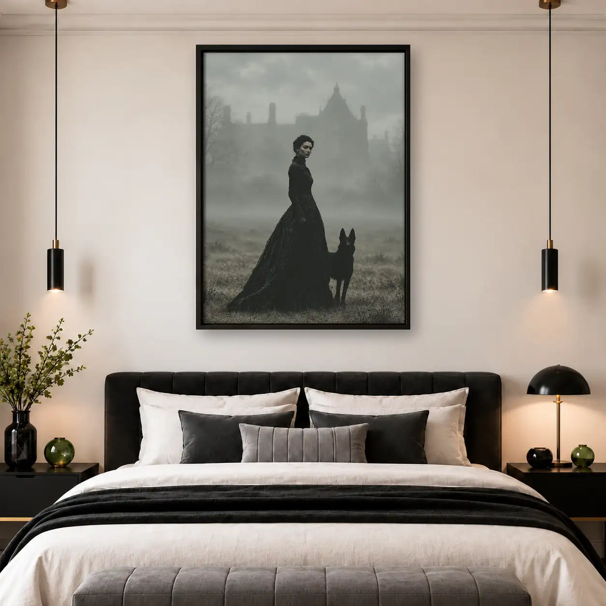 Woman Walking Black Dog in Fog Wall Art 4