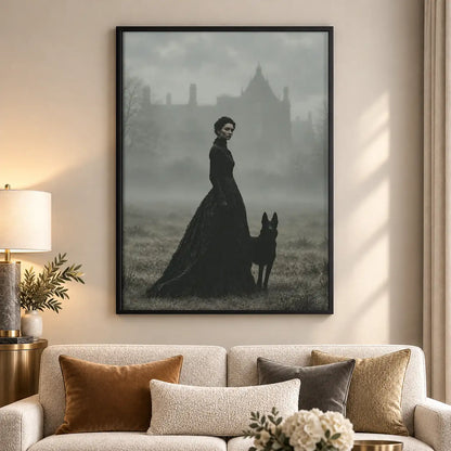 Woman Walking Black Dog in Fog Wall Art 5