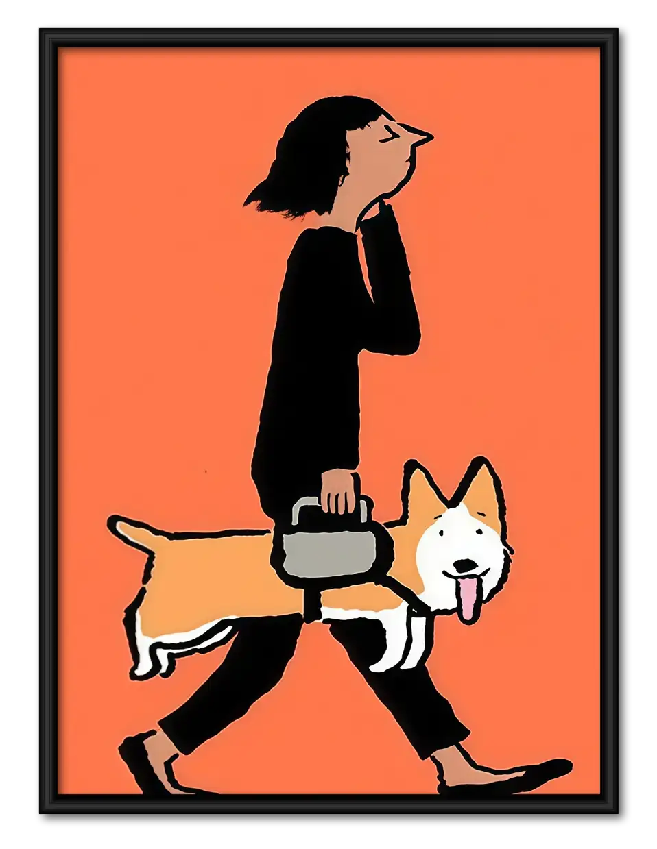 Woman Walking Corgi on Coral Wall Art 1