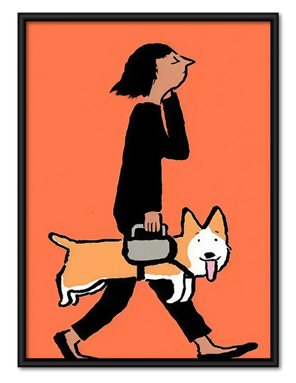 Woman Walking Corgi on Coral Wall Art 1