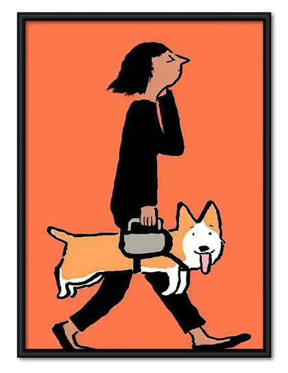 Woman Walking Corgi on Coral Wall Art