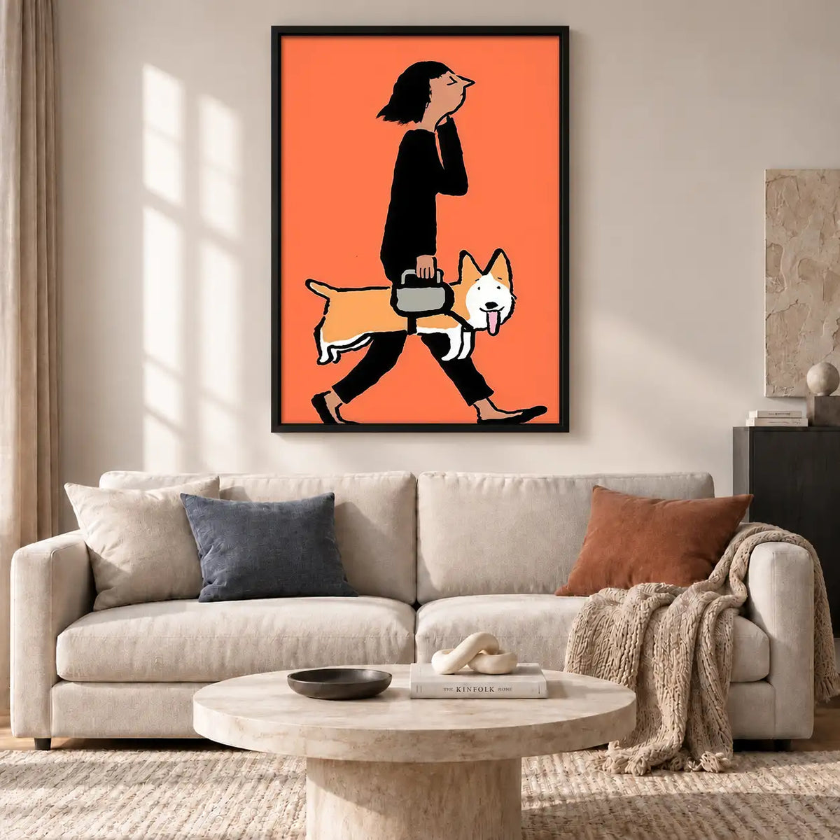 Woman Walking Corgi on Coral Wall Art 2