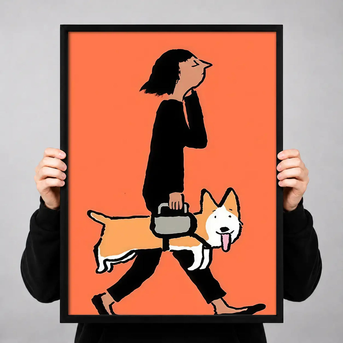 Woman Walking Corgi on Coral Wall Art 3