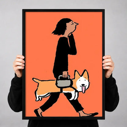 Woman Walking Corgi on Coral Wall Art 3