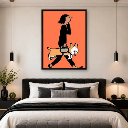Woman Walking Corgi on Coral Wall Art 4