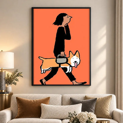 Woman Walking Corgi on Coral Wall Art 5