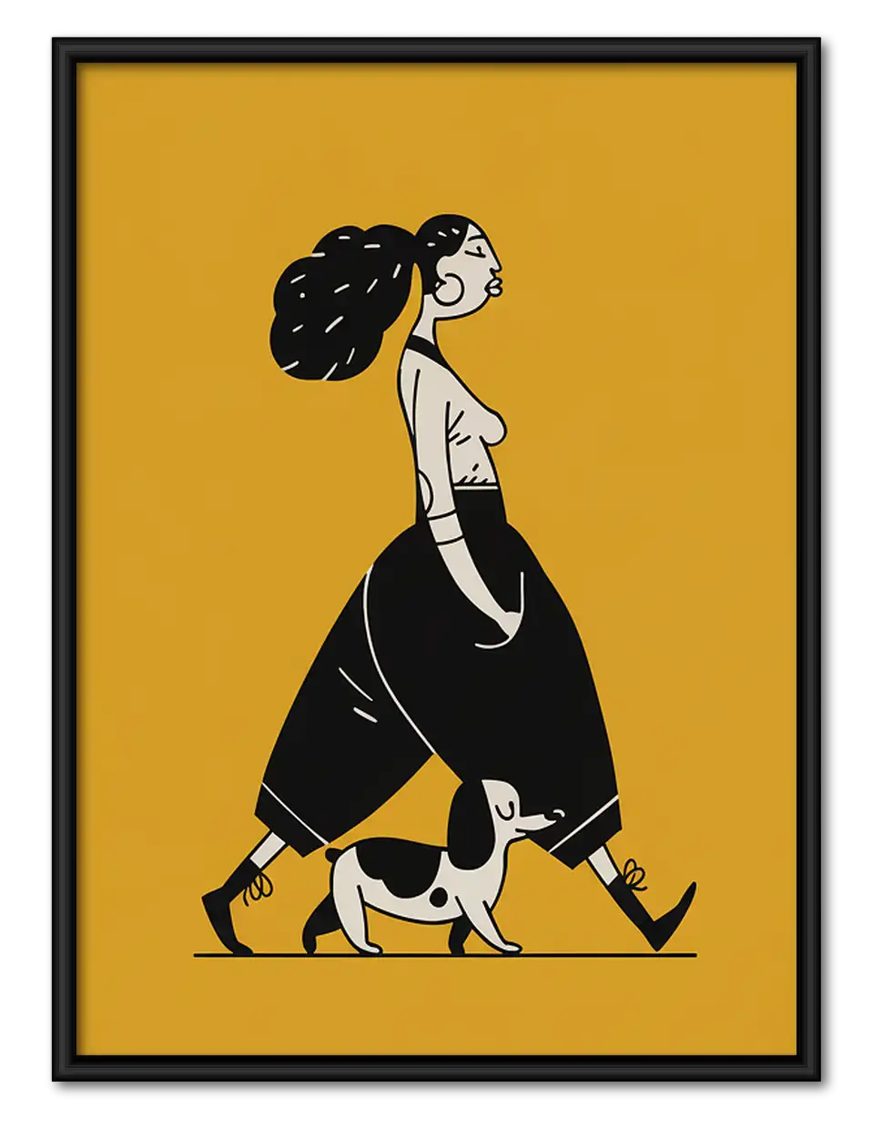 Woman Walking Dog on Yellow Wall Art 1