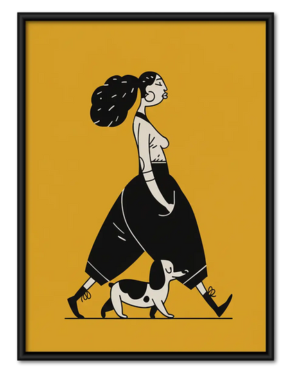 Woman Walking Dog on Yellow Wall Art