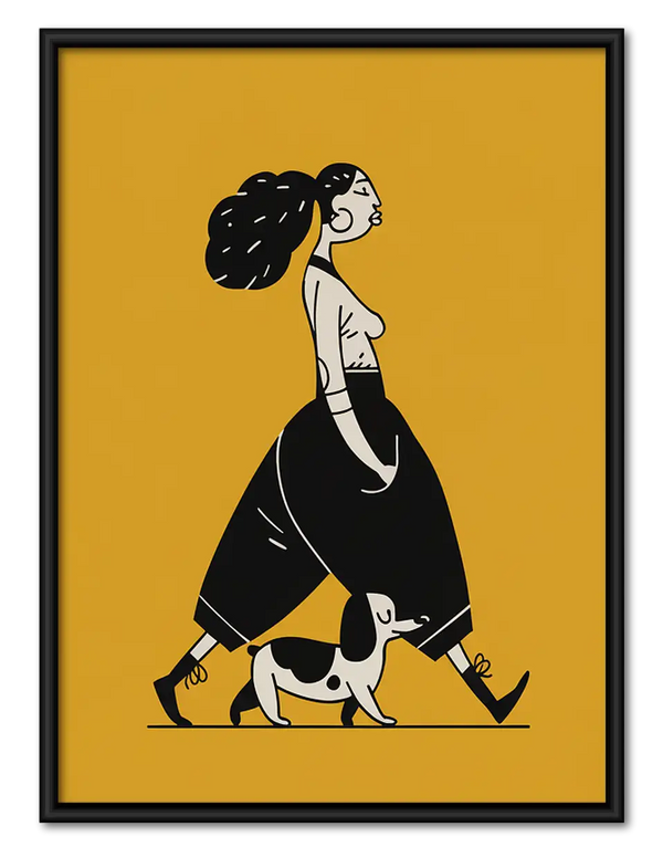 Woman Walking Dog on Yellow Wall Art