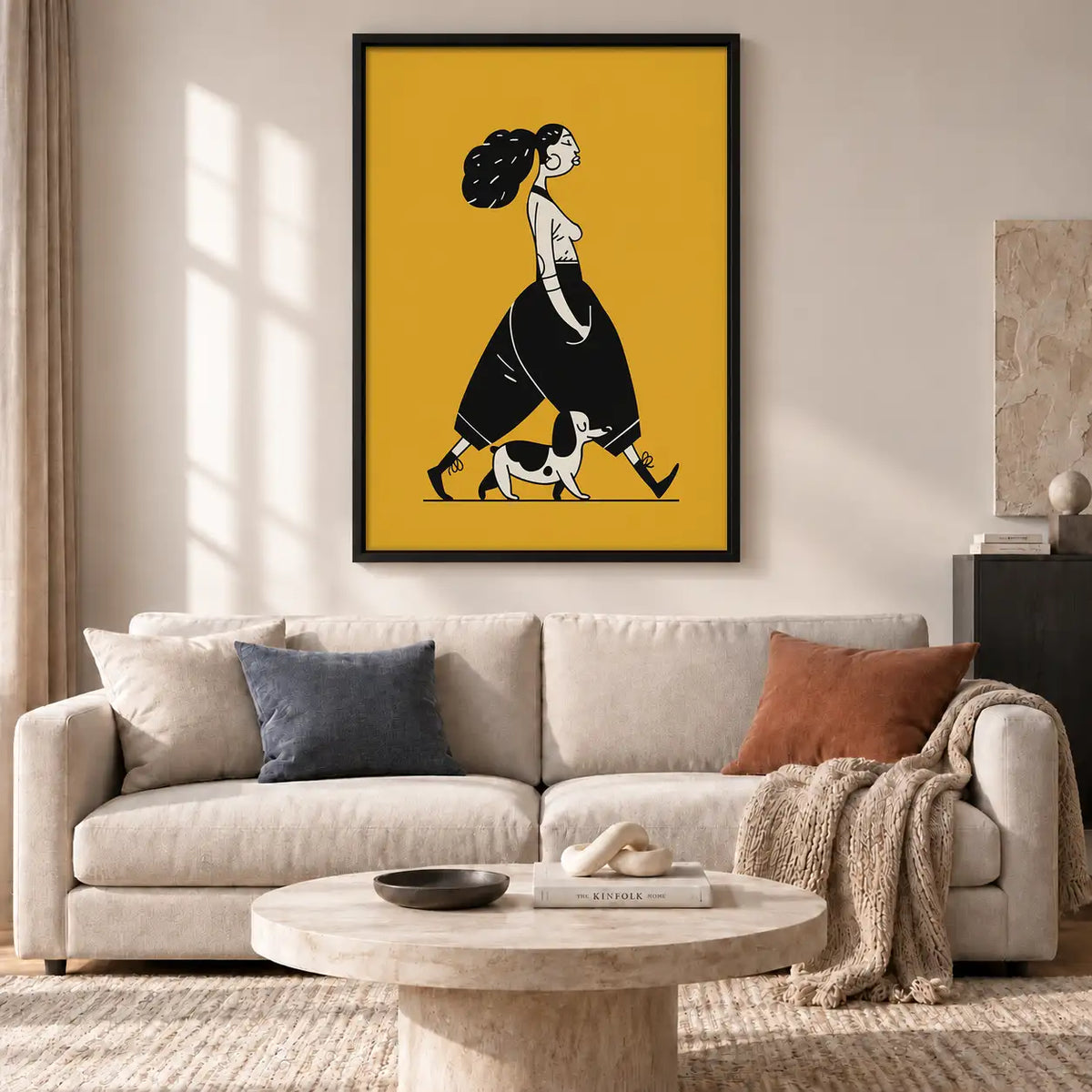 Woman Walking Dog on Yellow Wall Art 2