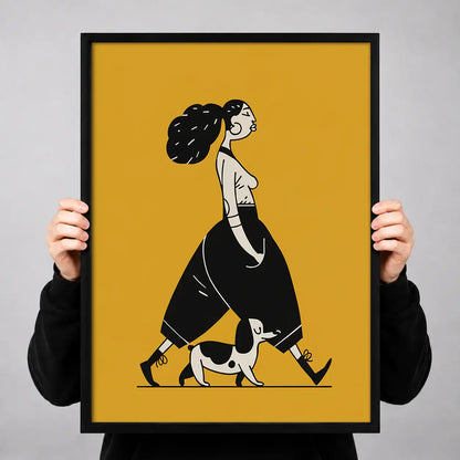 Woman Walking Dog on Yellow Wall Art 3