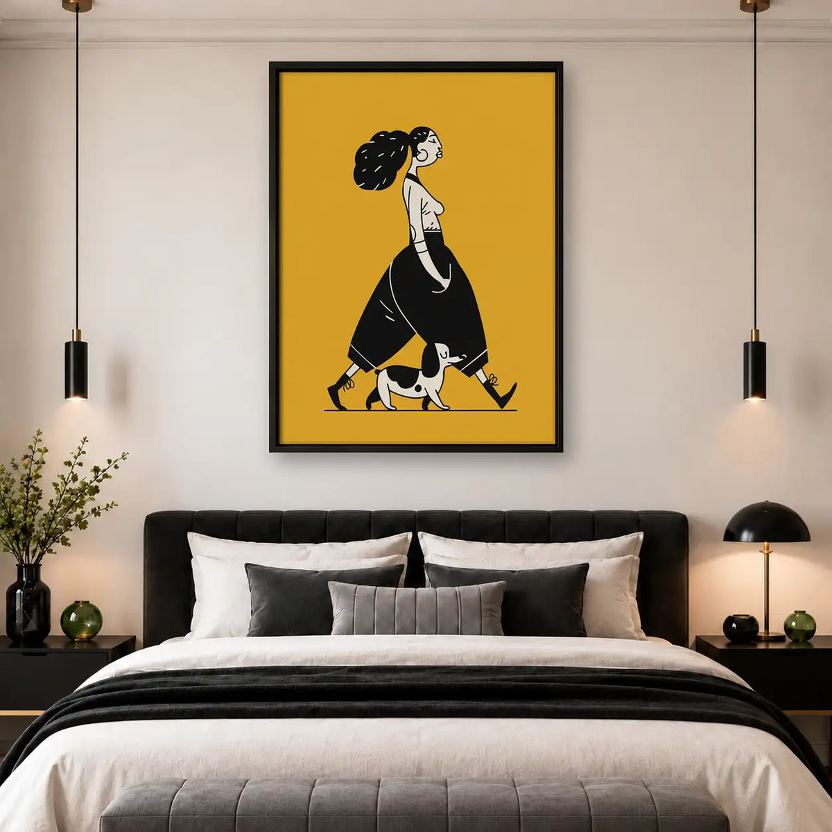 Woman Walking Dog on Yellow Wall Art 4