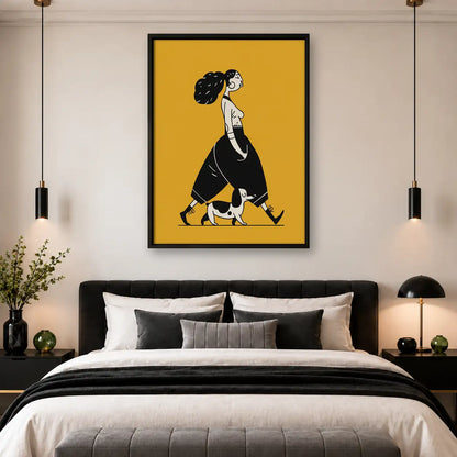 Woman Walking Dog on Yellow Wall Art 4