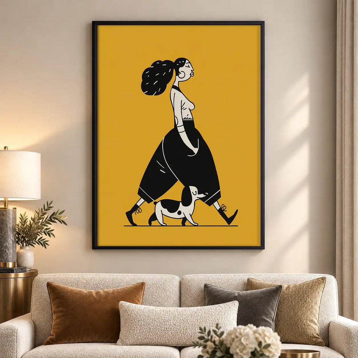 Woman Walking Dog on Yellow Wall Art 5