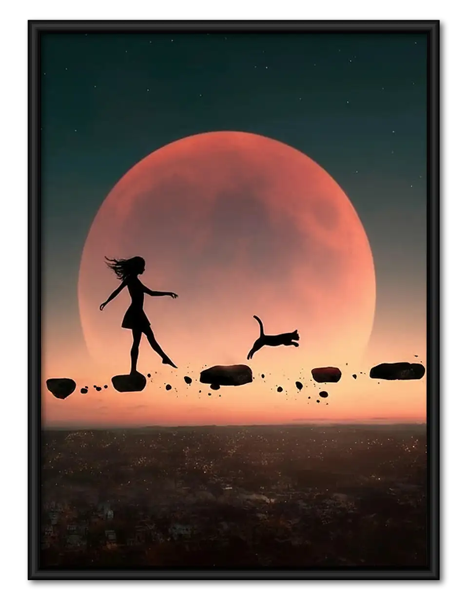 Woman Walking Dogs beneath Red Moon Wall Art 1