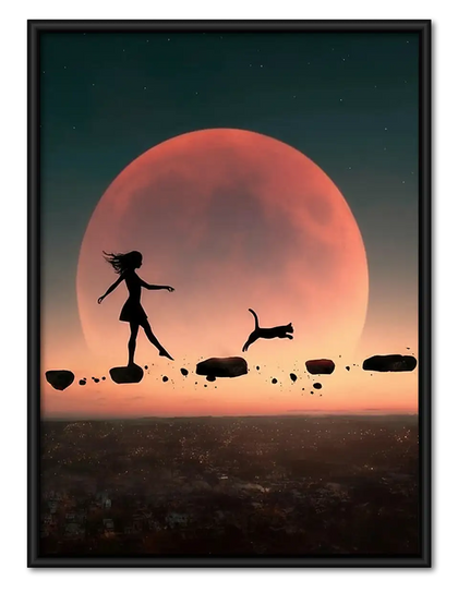 Woman Walking Dogs beneath Red Moon Wall Art