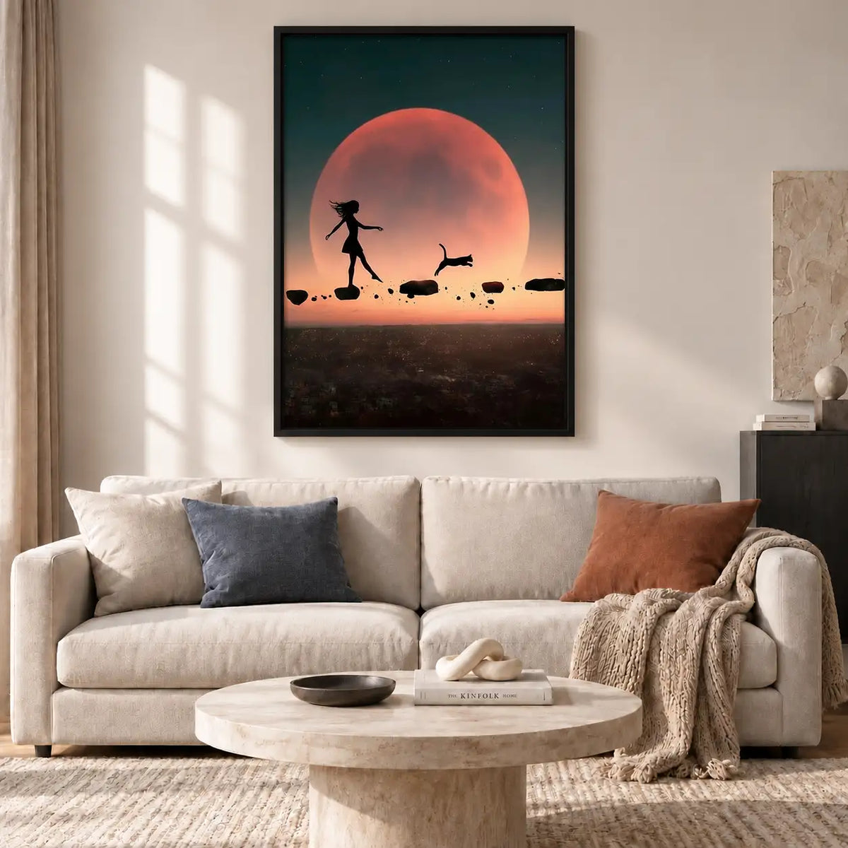 Woman Walking Dogs beneath Red Moon Wall Art 2