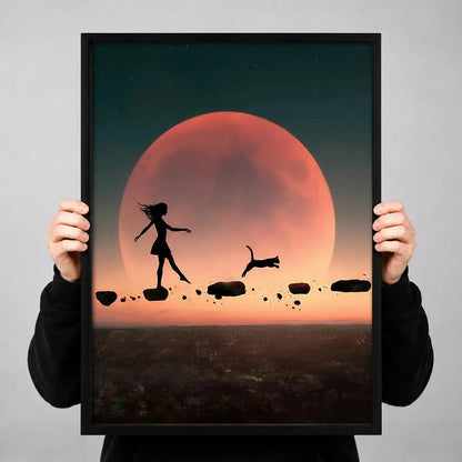 Woman Walking Dogs beneath Red Moon Wall Art 3