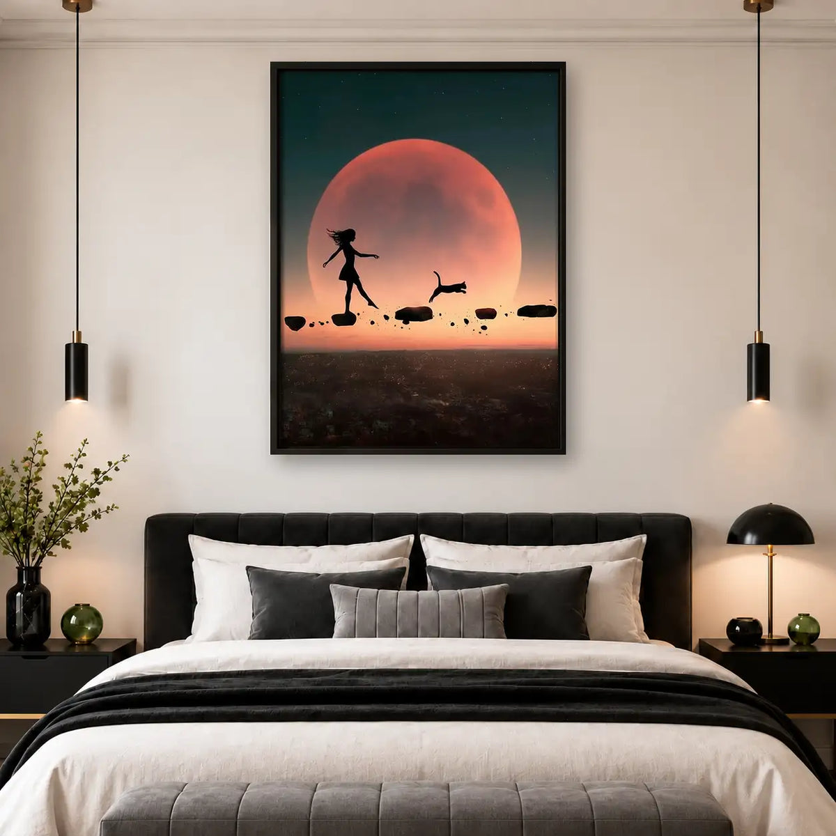Woman Walking Dogs beneath Red Moon Wall Art 4