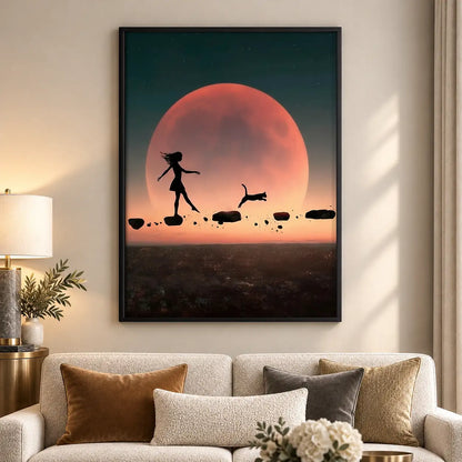 Woman Walking Dogs beneath Red Moon Wall Art 5