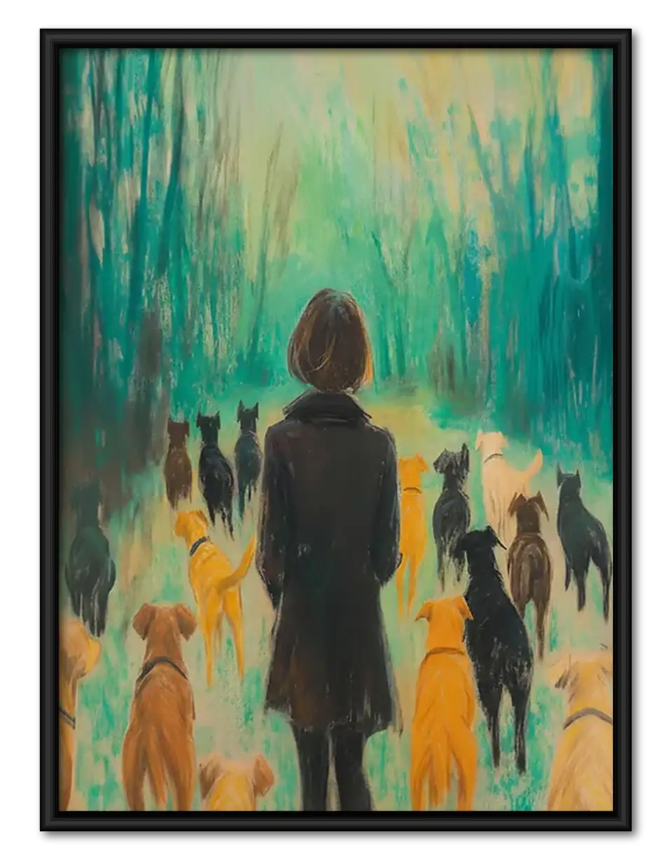 Woman Walking Dogs Through Colorful Rain Wall Art 1