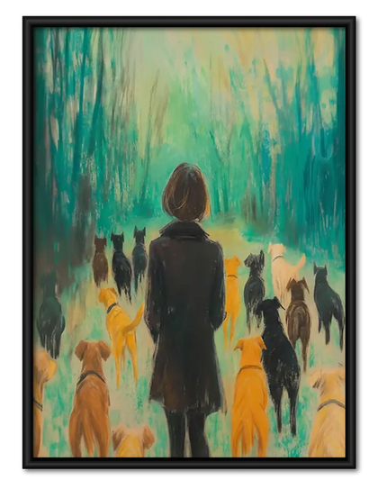 Woman Walking Dogs Through Colorful Rain Wall Art