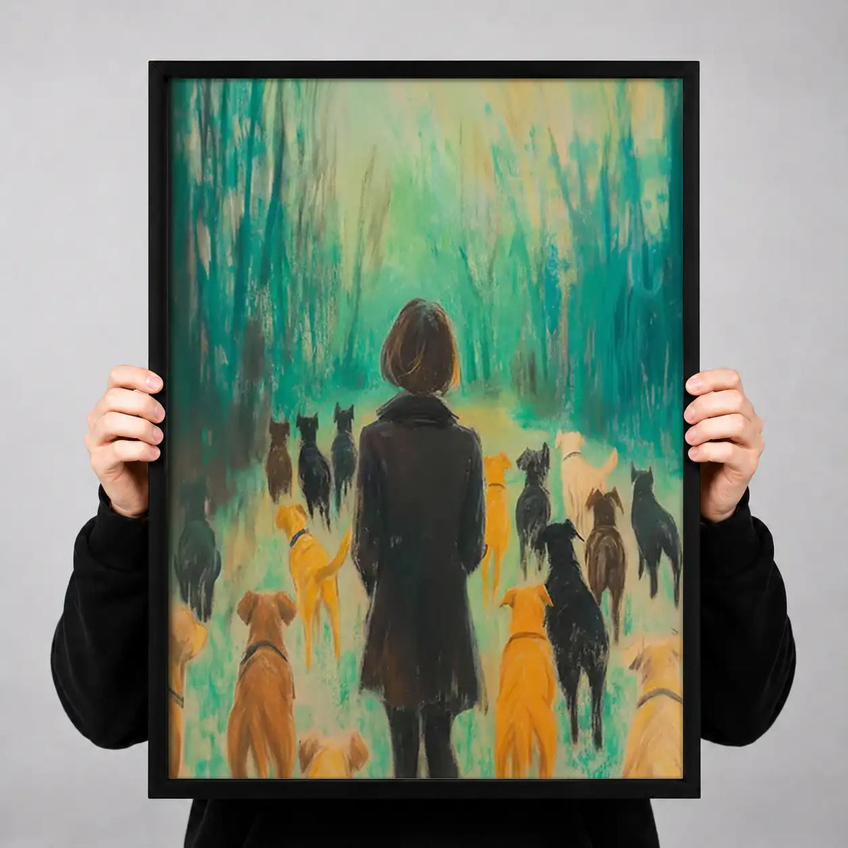Woman Walking Dogs Through Colorful Rain Wall Art 3