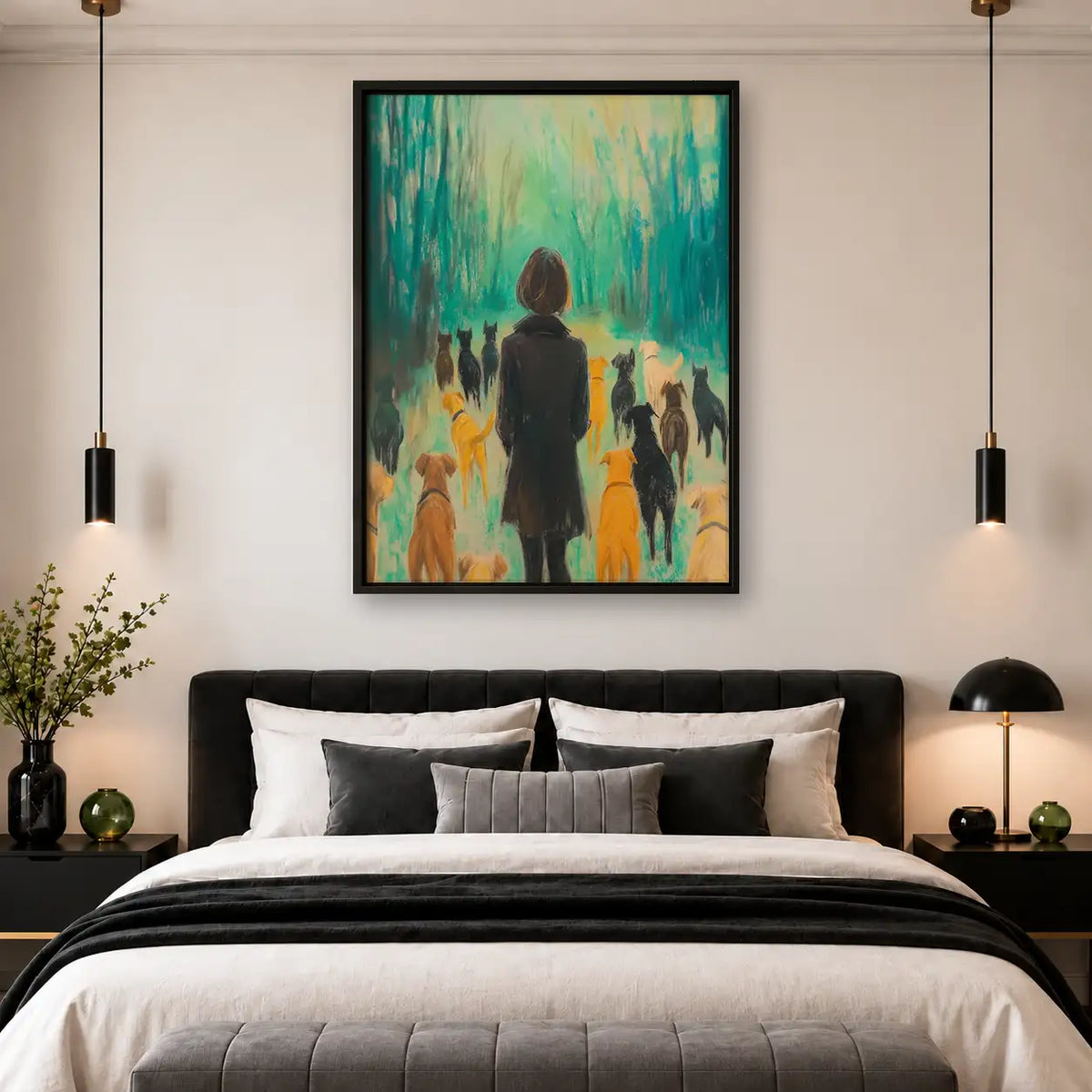 Woman Walking Dogs Through Colorful Rain Wall Art 4