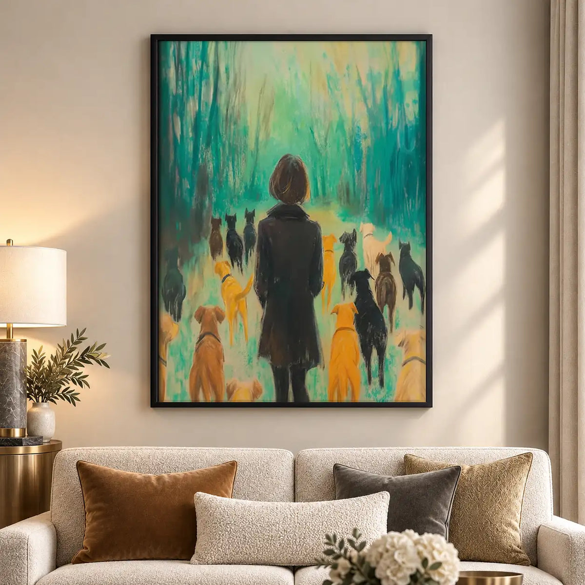 Woman Walking Dogs Through Colorful Rain Wall Art 5